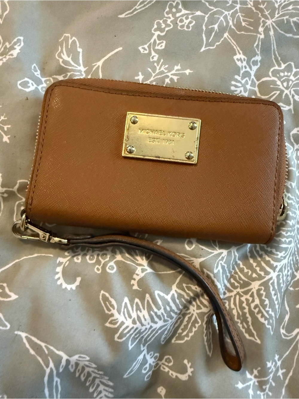 Michael Kors Tan Leather Zip-Around Wristlet with Gold Plate